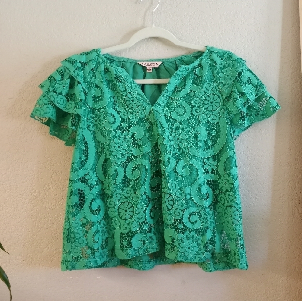 Nanette Lepore Sheer Lace Puffed Ruffle Flutter Sleeve Coquette Girl Lined Top